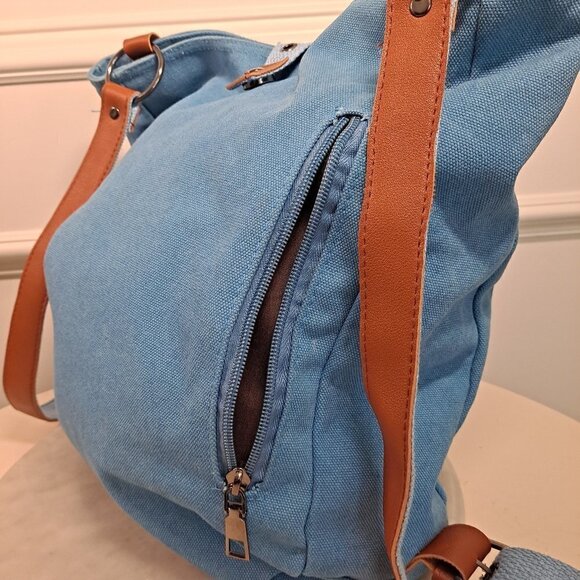 Light Blue Denim Backpack with Camel PU Trim, 2 Sections, Pockets, EUC main image 8
